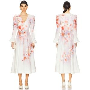 Zimmermann Crush Frill Sleeved Midi Belted Dress Scarlet Floral US 6 NWT